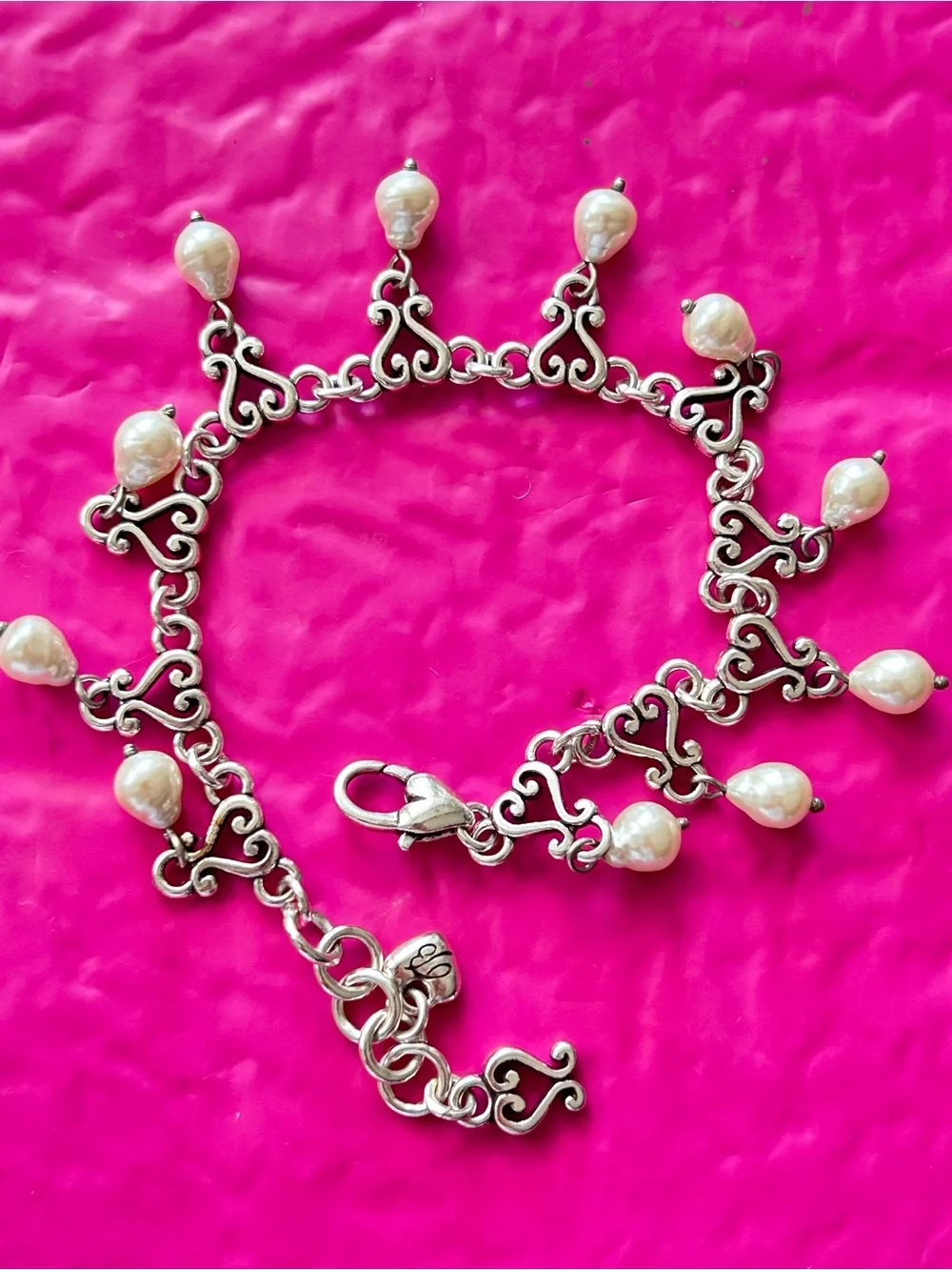 Brighton Vivaldi white glass baroque pearl beads,  scroll hearts bracelet